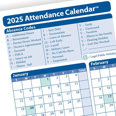 ComplyRight 2025 Attendance Calendar Card, 50 Forms/Pack (A4000W50)