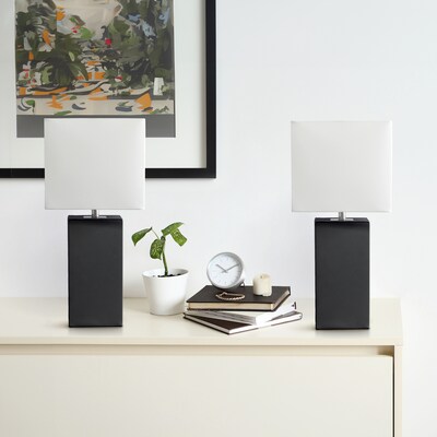 Lalia Home Lexington 21" 2-Pack Leather Base Modern Bedside Table Lamp Set, White Fabric Shade, Black (LHT-3008-BK-2PK)