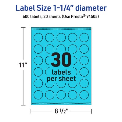 Avery Laser/Inkjet Multipurpose Circle Labels, 1.25" Dia., Bright Blue, 600/Pack (94505)