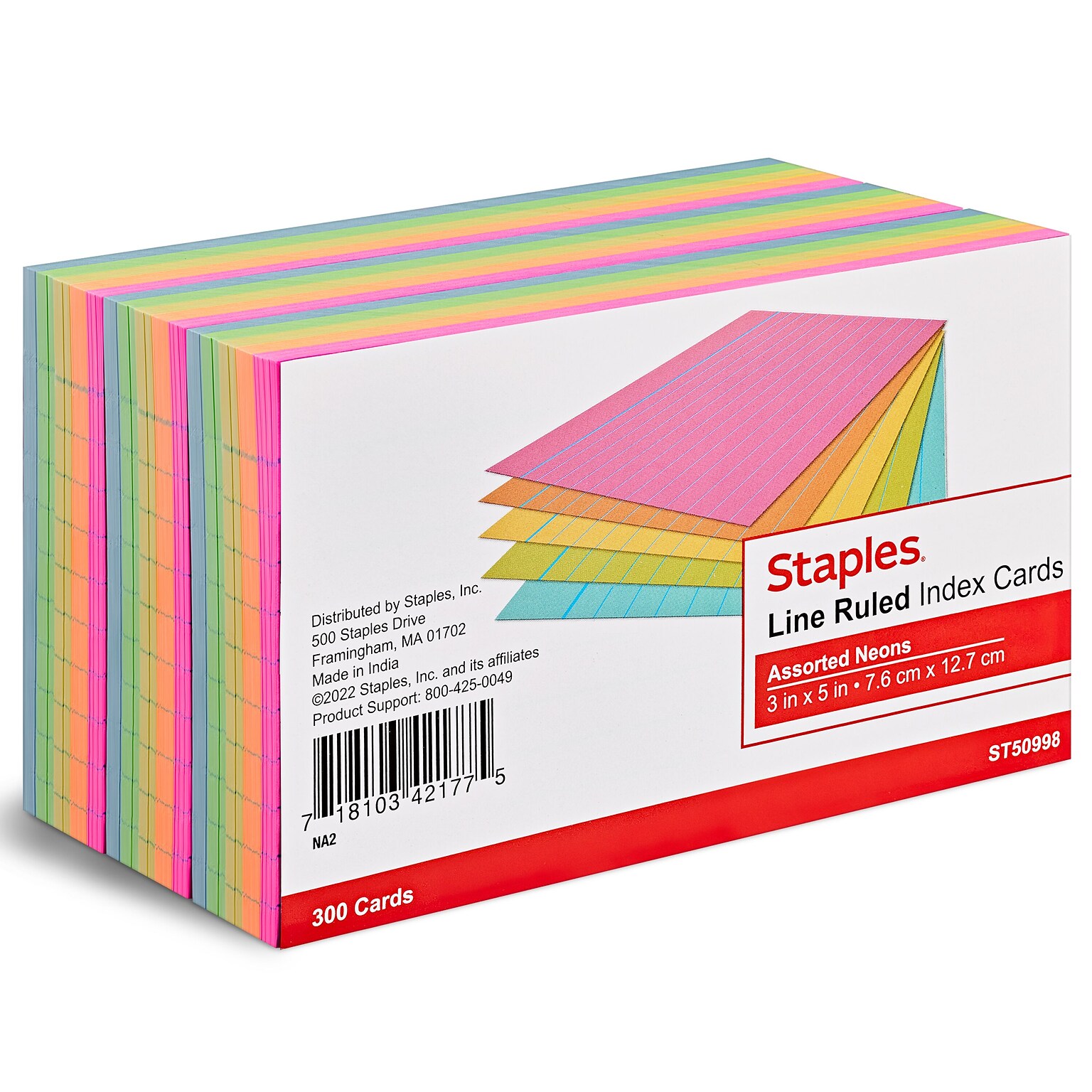 Staples 3 x 5 Index Cards, Lined, Assorted Colors, 300/Pack (TR50998)