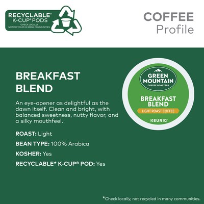 Green Mountain Breakfast Blend Coffee Keurig® K-Cup® Pods, Light Roast, 96/Carton (6520)