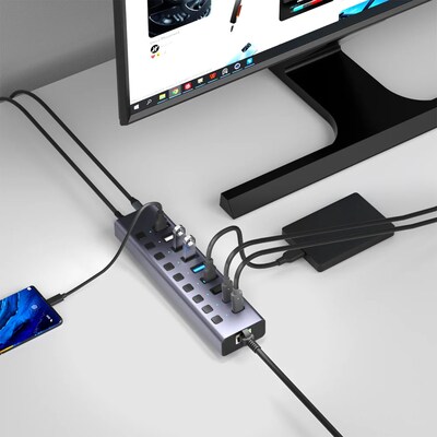 4XEM 10-Port USB 3.0 Hub with Gigabit Ethernet, Gray (4XHBC006)