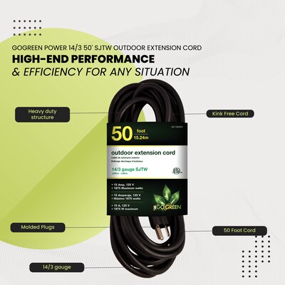 GoGreen Power 50' Indoor/Outdoor Extension Cord, 14 AWG, Black (GG-13850BK)