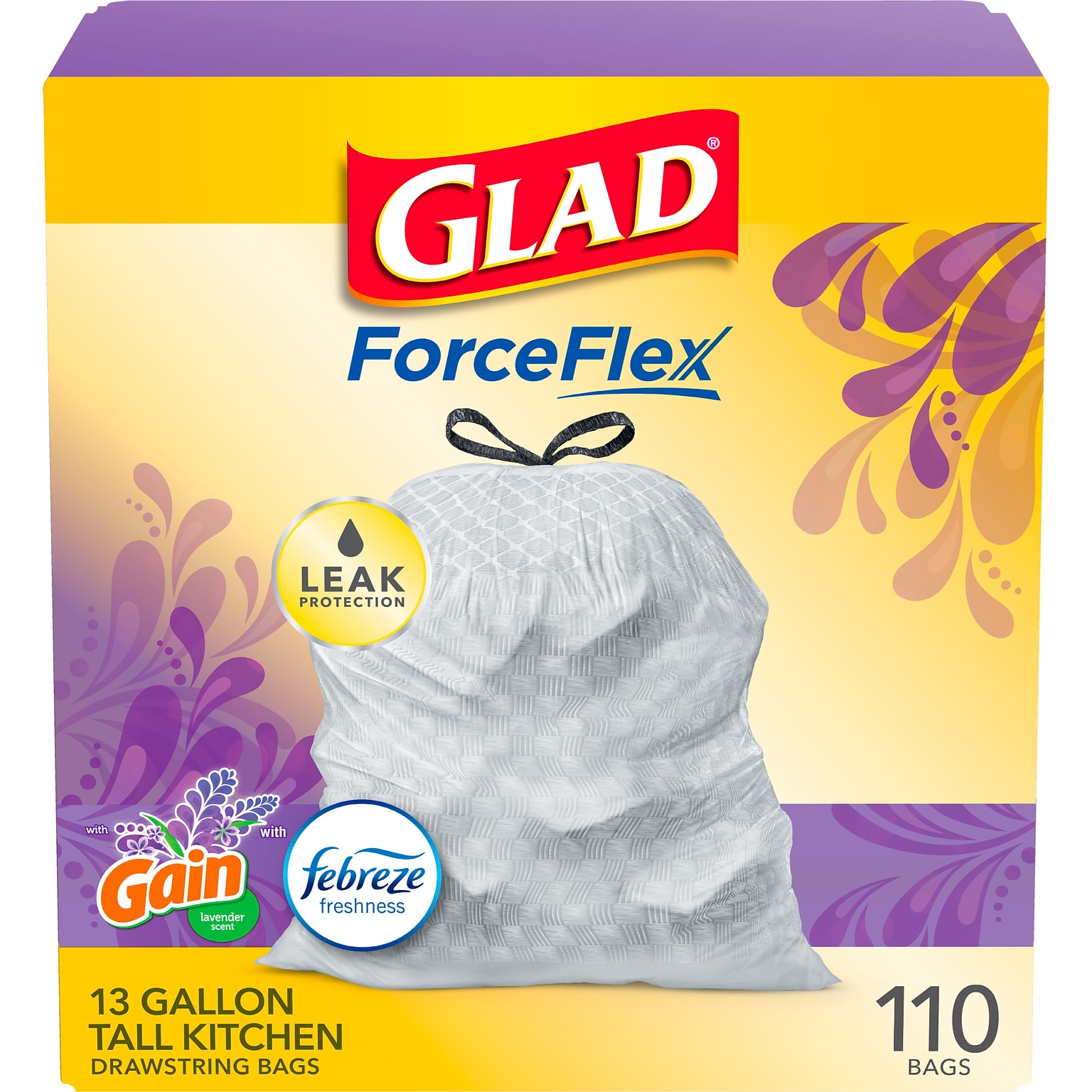 Glad ForceFlex Tall Kitchen Drawstring Trash Bags, 13 Gallon, White, Mediterranean Lavender scent, 110/Box (79157)