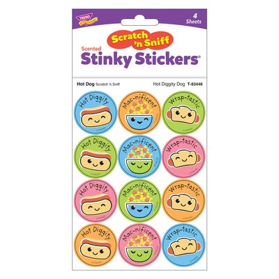Trend Enterprises Hot Diggity Dog Hot Dog scent Scratch 'n Sniff Stinky Stickers, Multicolored, 48/Pack, 6/Packs/Bundle