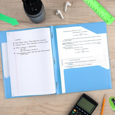 Five Star Stay Put  3-Hole Punched 2 Pocket Plastic Folder with Fasteners, Sky Blue (340300C-ECM26)