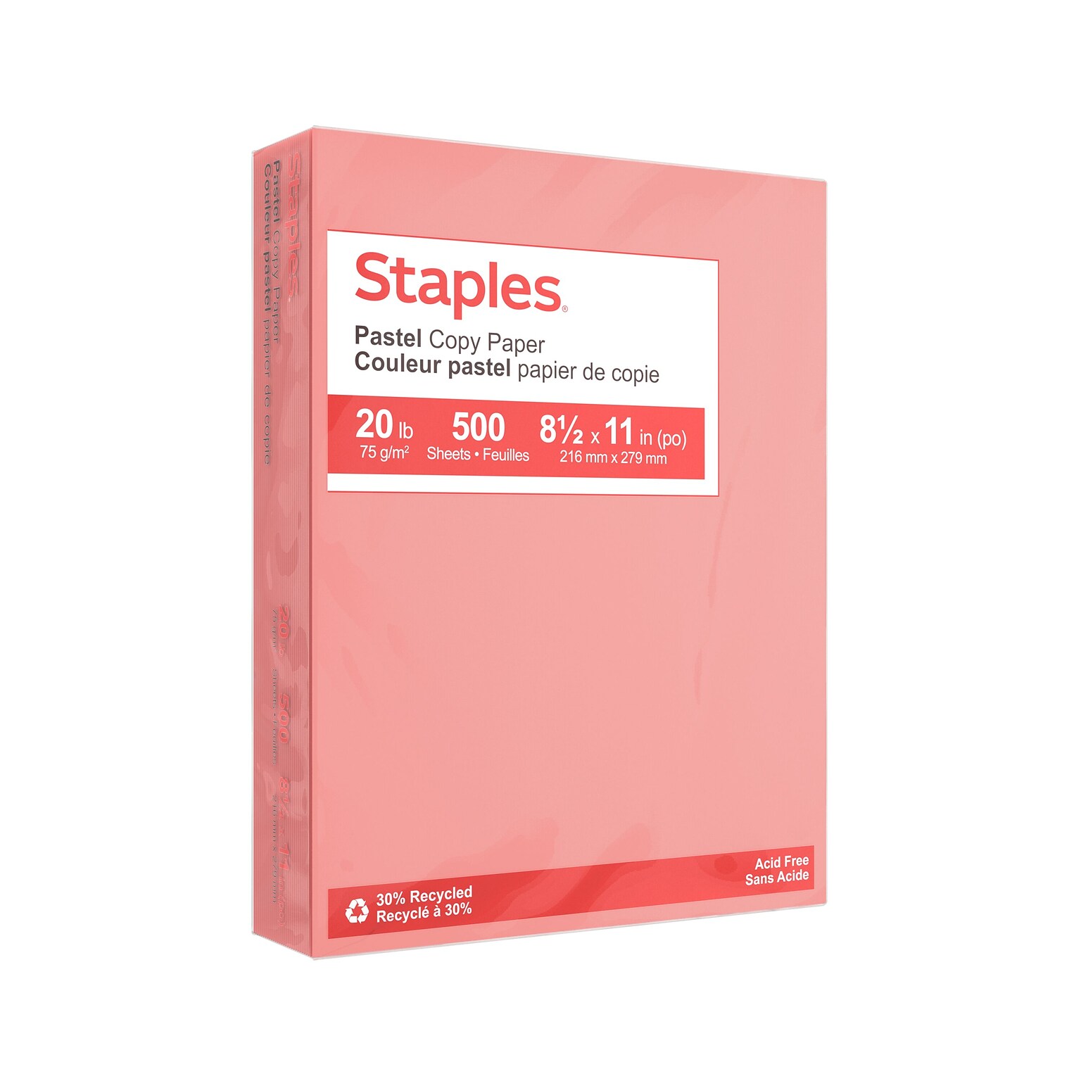 Staples Pastel 30% Recycled Color Copy Paper, 20 lbs., 8.5 x 11, Salmon, 500/Ream (14783)