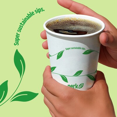 Perk™ Eco Compostable Paper Hot Cup, 10 Oz., White/Green, 50/Pack (PK56223)