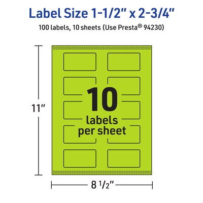 Avery Laser/Inkjet Multipurpose Rectangle Labels, 1.5" x 2.75", Bright Green, 100/Pack (94230)