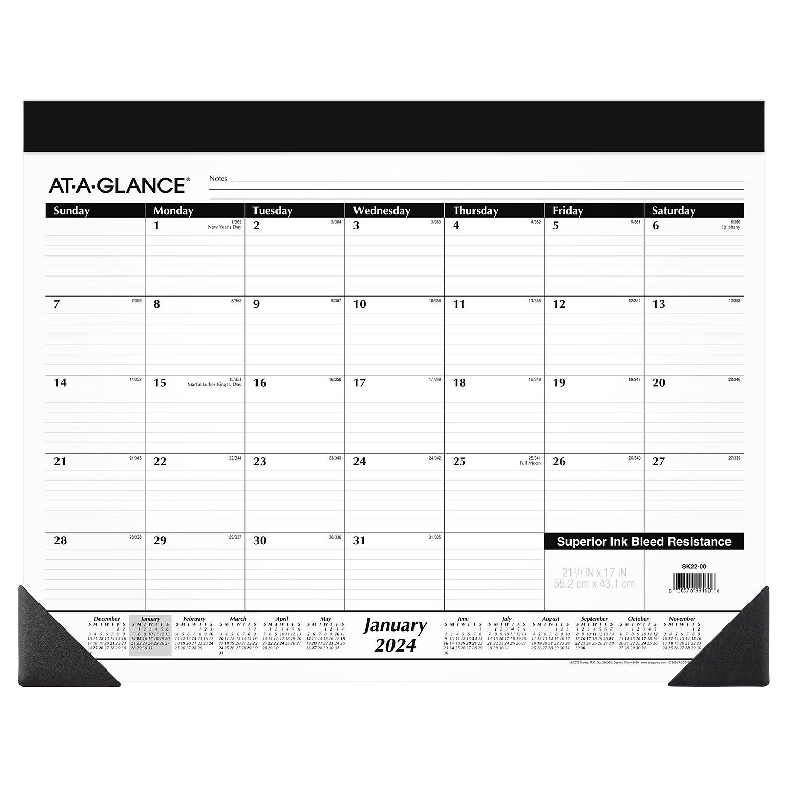 2024 ATAGLANCE 21.75" x 17" Monthly Desk Pad Calendar, White/Black