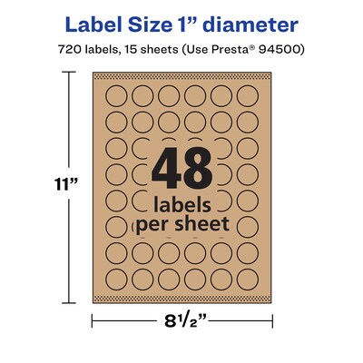 Avery Laser/Inkjet Round Multipurpose Labels, 1" Dia., Kraft Brown, 720 Labels/Pack (94500)