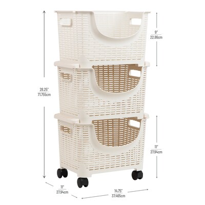 Mind Reader 3-Tier Storage Basket Cart with Wheels, Ivory, 3/Set (ROLLBASK3-IVO)