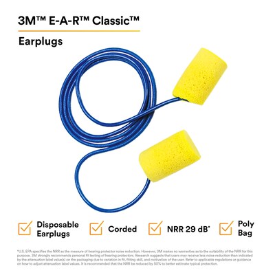 3M E-A-R Classic Corded Earplugs, 29 dB, Blue/Yellow, 200/Box (311-1101)
