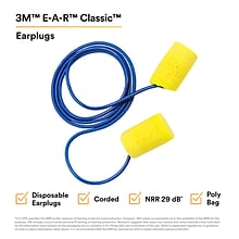 3M E-A-R Classic Earplugs, Corded, Poly Bag, 200 Pairs/Case (311-1101)