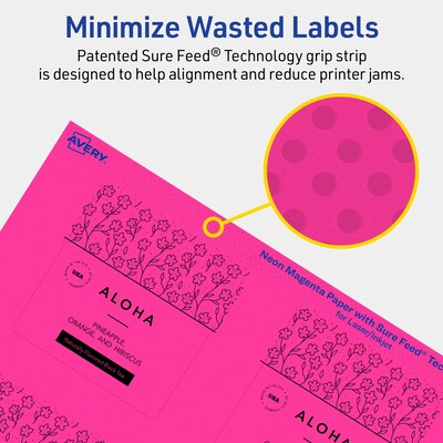 Avery Square Laser/Inkjet Multipurpose Labels, 2.75" x 2.75", Neon Magenta (120/Pack)