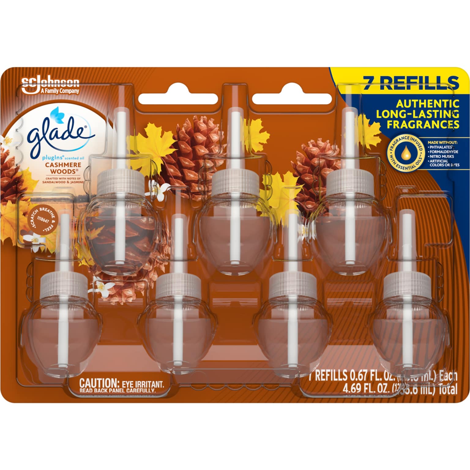 Glade PlugIns Scented Oil Refill, Cashmere Woods, 0.67 Fl. Oz., 7/Pack (350769)