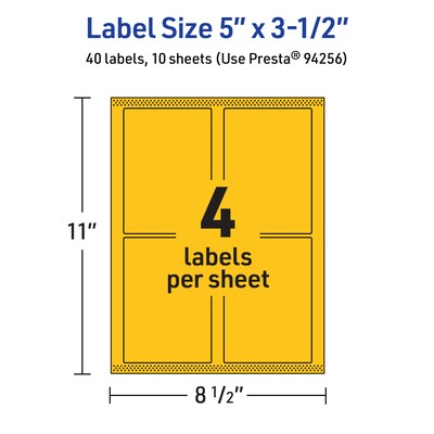 Avery Laser/Inkjet Rectangle Multipurpose Labels, 5" x 3.5", Bright Yellow, 40/Pack (94256)