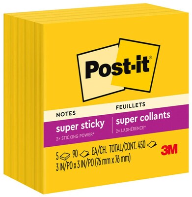 Post-it Super Sticky Notes, 3 x 3, Yellow, 90 Sheet/Pad, 5 Pads/Pack (6545SSY)