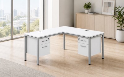 Boss Office Products Simple System 66W L-Shaped Desk with 2-Pedestals, White (SGSD004-102-WT)