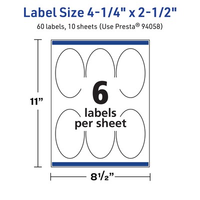 Avery TrueBlock Laser/Inkjet Oval Multipurpose Labels, 4.25" x 2.5", White, 60/Pack (94058)