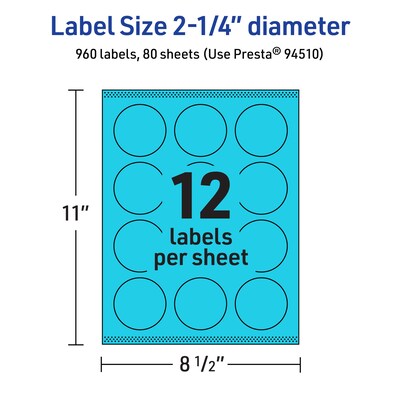 Avery Printable Circle Multipurpose Labels, 2.25" Dia., Bright Blue, 960/Box (94510)