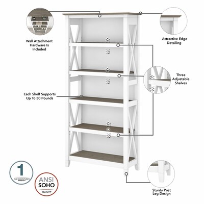 Bush Furniture Key West 60" L-Shaped Desk w 2 Drawer Mobile File Cabinet & 5 Shelf Bookcase, Shiplap Gray/Pure White (KWS016G2W)