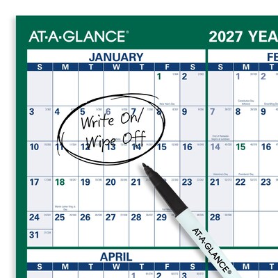 2027 AT-A-GLANCE 32" x 48" Yearly Dry Erase Wall Calendar, Reversible, White/Green (PM310-28-27)