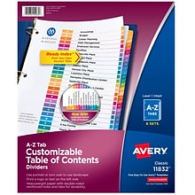 Avery Ready Index Table of Contents Paper Dividers, A-Z Tabs, Multicolor, 6 Sets/Pack (11832)