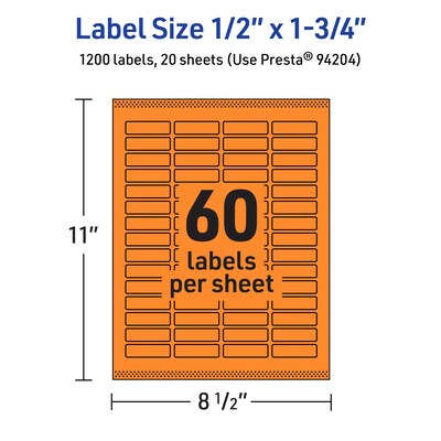 Avery Laser/Inkjet Multipurpose Rectangle Labels, 0.5" x 1.75", Bright Orange, 1200/Pack (94204)
