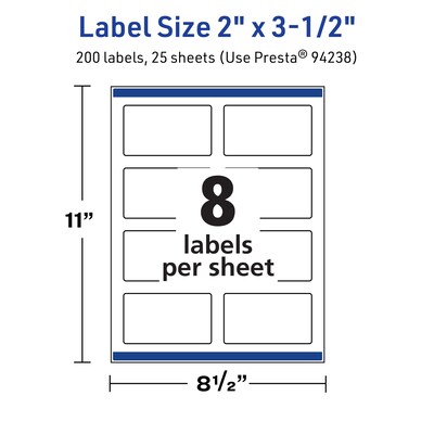 Avery TrueBlock Laser/Inkjet Rectangle Multipurpose Labels, 2" x 3.5", White, 200/Pack (94238)