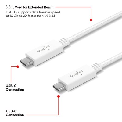 Staples TECH USB-C to USB-C Charging Cable, 3.3 ft., White (ST62317)