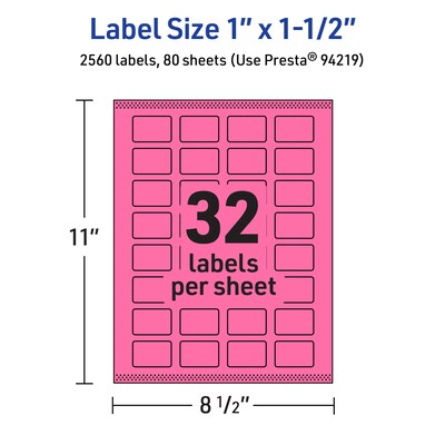 Avery Laser/Inkjet Rectangle Multipurpose Labels, 1" x 1.5", Bright Pink, 2560/Box (94219)