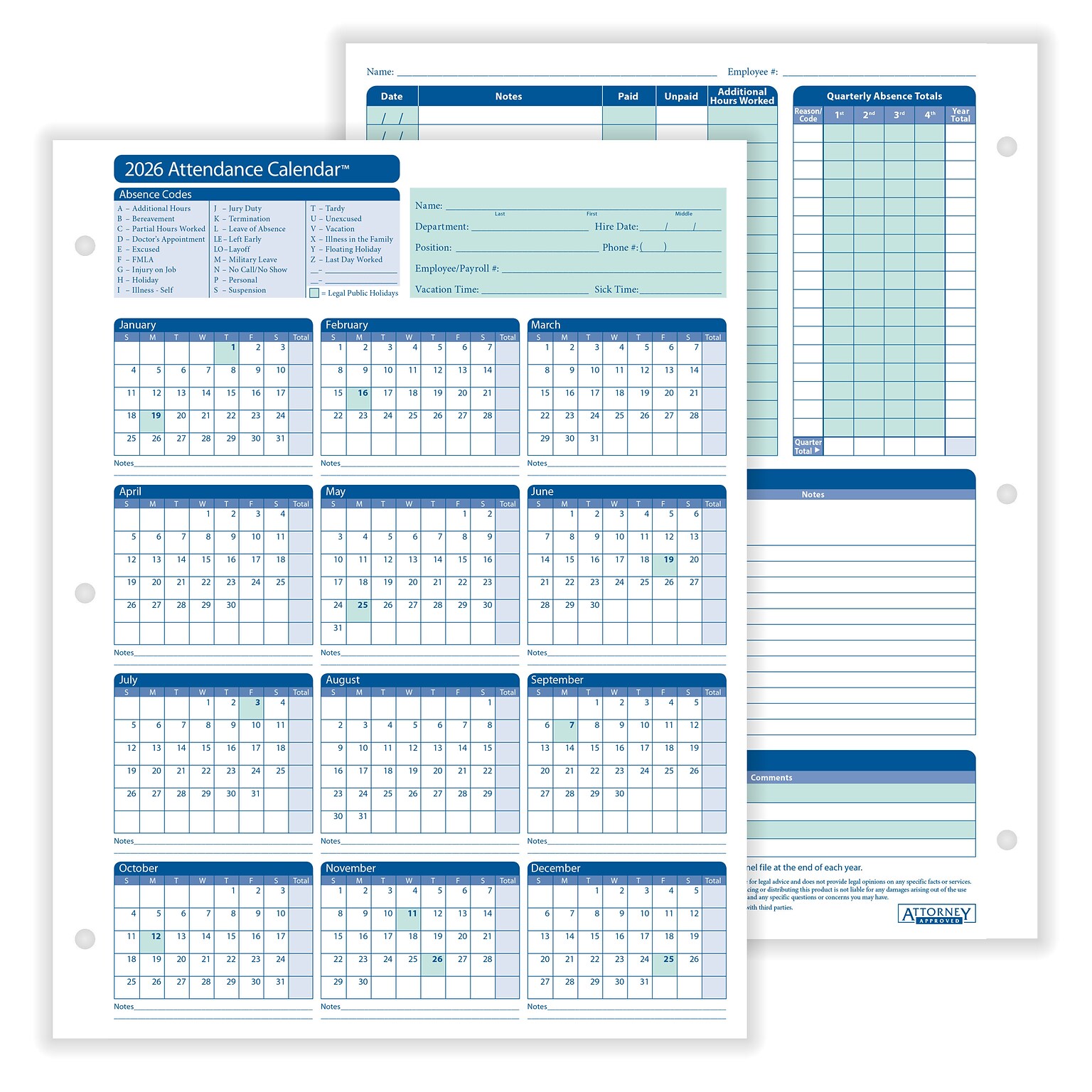 ComplyRight 2026 Attendance Calendar Card, 25 Forms/Pack (A4000W25)