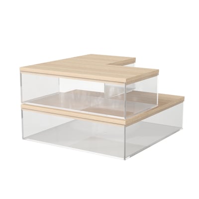 Martha Stewart Brody Plastic Storage Organizer Bins with Light Natural Paulownia Wood Lid, Clear, 3/