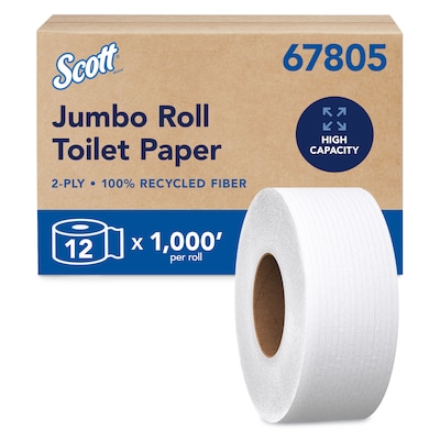 Scott Essentail Recycled Jumbo Toilet Paper, 2-ply, White, 1,000 ft./Roll, 12 Rolls/Carton (67805)