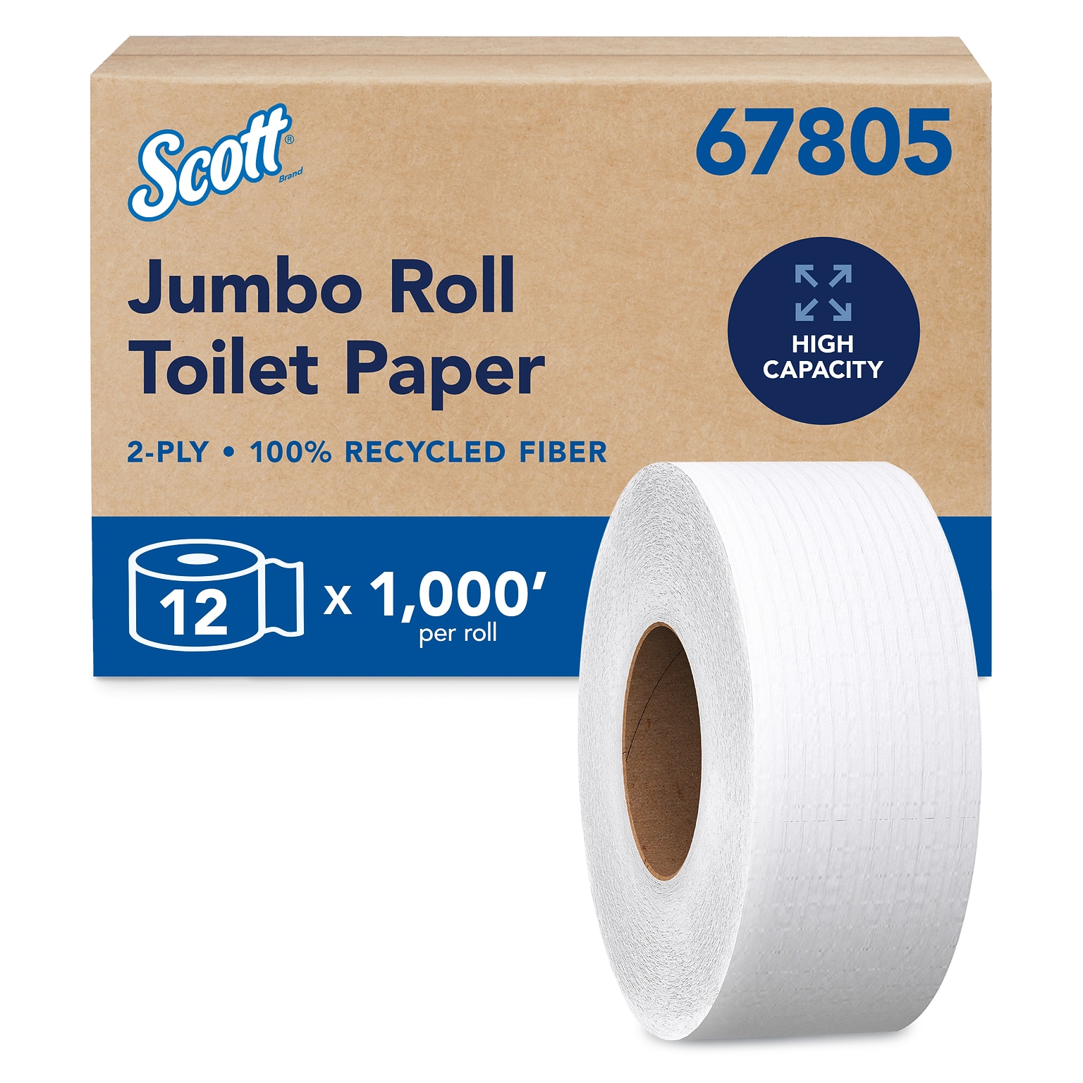 Scott Essentail Recycled Jumbo Toilet Paper, 2-ply, White, 1,000 ft./Roll, 12 Rolls/Carton (67805)