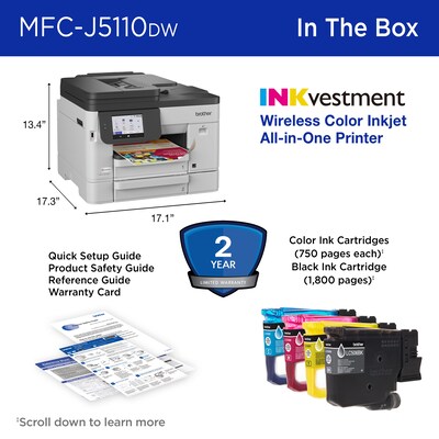 Brother INKvestment MFC-J5110DW Wireless Color All-In-One Inkjet Printer, Best for Home Office