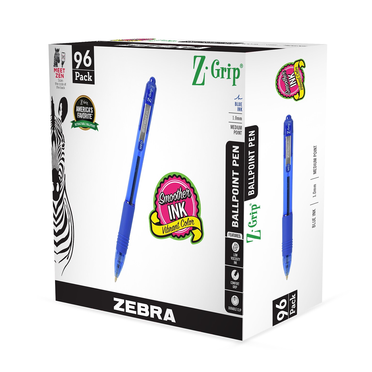 Zebra Z-Grip Retractable Ballpoint Pen, Medium Point, 1.0mm, Blue Ink, 96/Pack (22296)