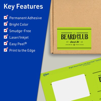 Avery Printable Rectangle Multipurpose Labels, 2 x 3.75, Bright Green, 80/Pack (94240)