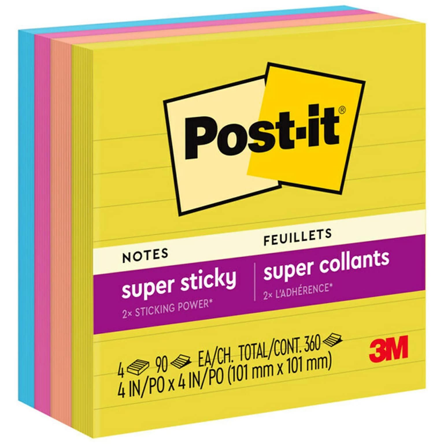 Post-it Super Sticky Notes, 4 x 4, Summer Joy Collection, Lined, 90 Sheet/Pad, 4 Pads/Pack (675-4SSJOY)