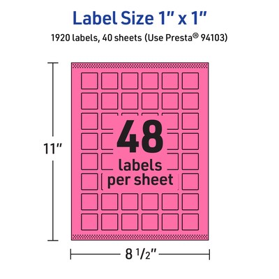 Avery Laser/Inkjet Square Multipurpose Labels, 1" x 1", Bright Pink, 1920/Pack (94103)