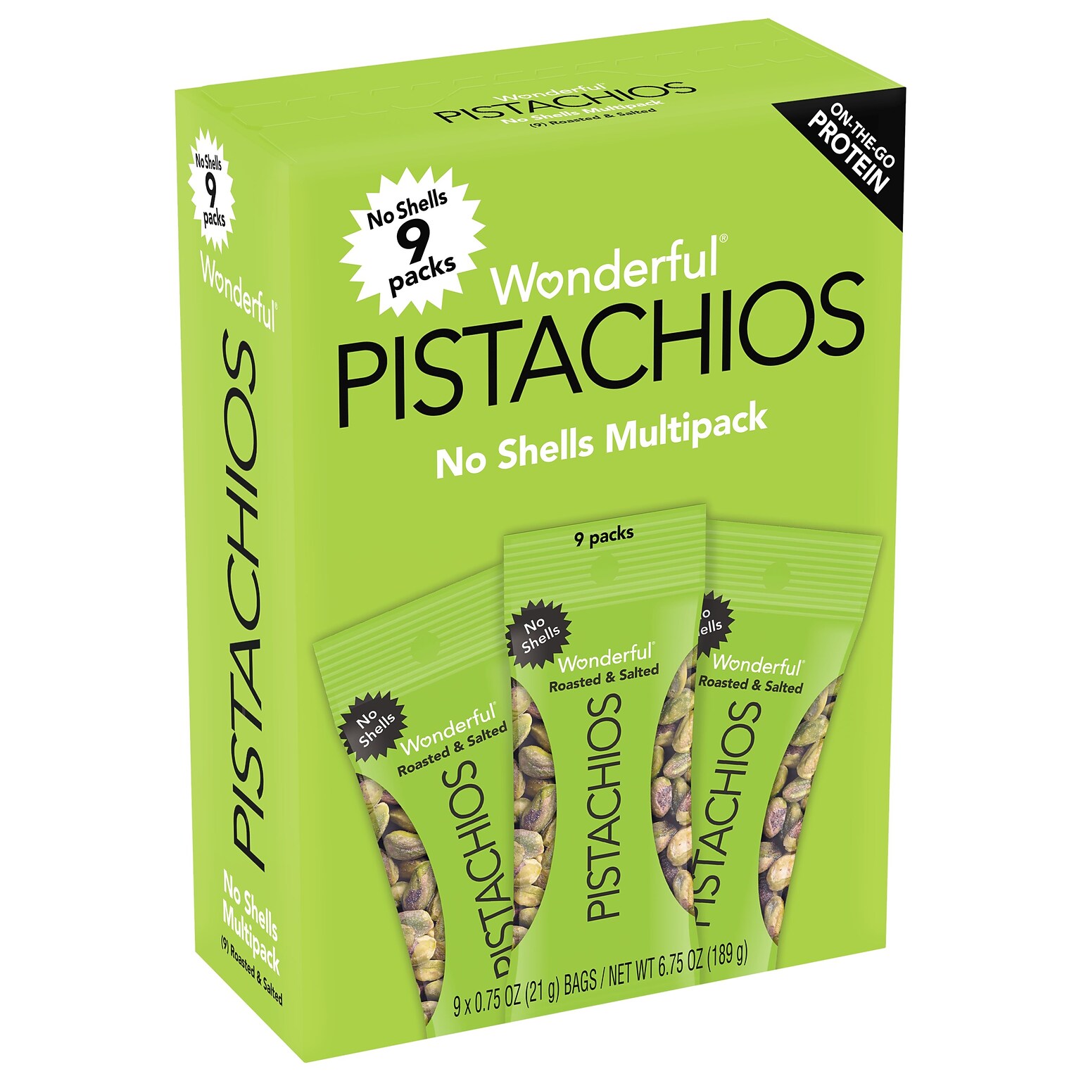 Wonderful Pistachios Roasted & Salted, No Shells, 0.75 oz., 9 Bags/Box, 4 Boxes/Carton (PAR91100)