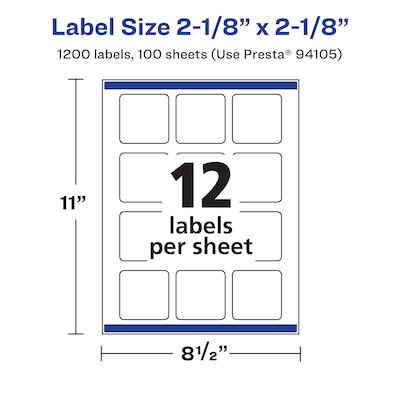 Avery Laser/Inkjet Square Waterproof Multipurpose Labels, 2.125"  x 2.125", White, 1200/Box (94105)