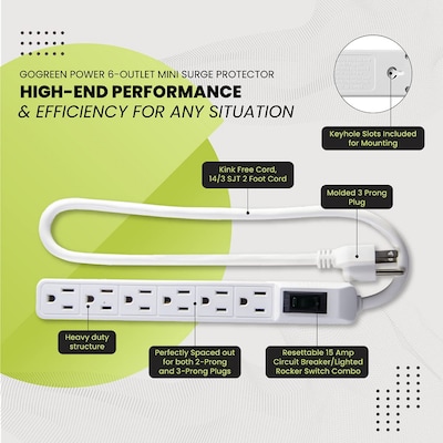 Power by GoGreen 6 Outlet Mini Surge Protector, 2' Cord, White (GG-16103MIN)
