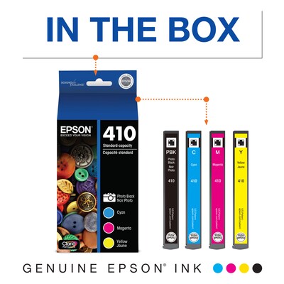 Epson T410 Cyan/Magenta/Yellow/Photo Black Standard Yield Ink Cartridge, 4/Pack   (T410520S)