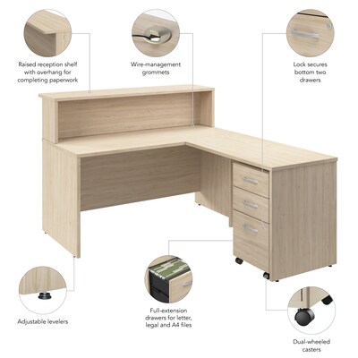 Bush Business Furniture Arrive 60"W L Shaped Reception Desk with Shelf and Mobile File Cabinet, Natural Elm (ARV004NE)
