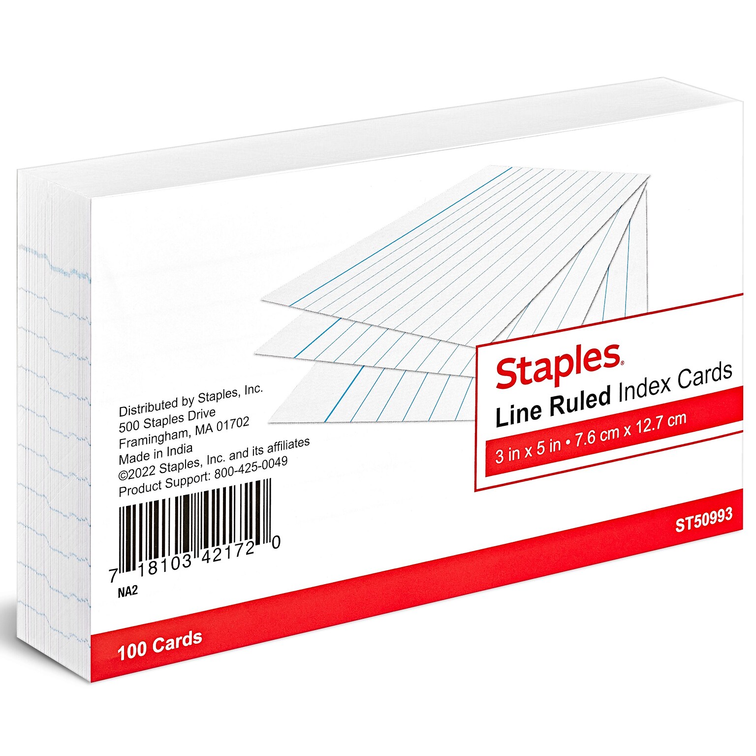 Staples 3 x 5 Index Cards, Narrow Ruled, White, 100/Pack (TR50993)