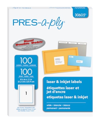 PRES-a-ply Laser/Inkjet Shipping Labels, 8-1/2 x 11, White, 1 Label/Sheet, 100 Sheets/Box (30605)