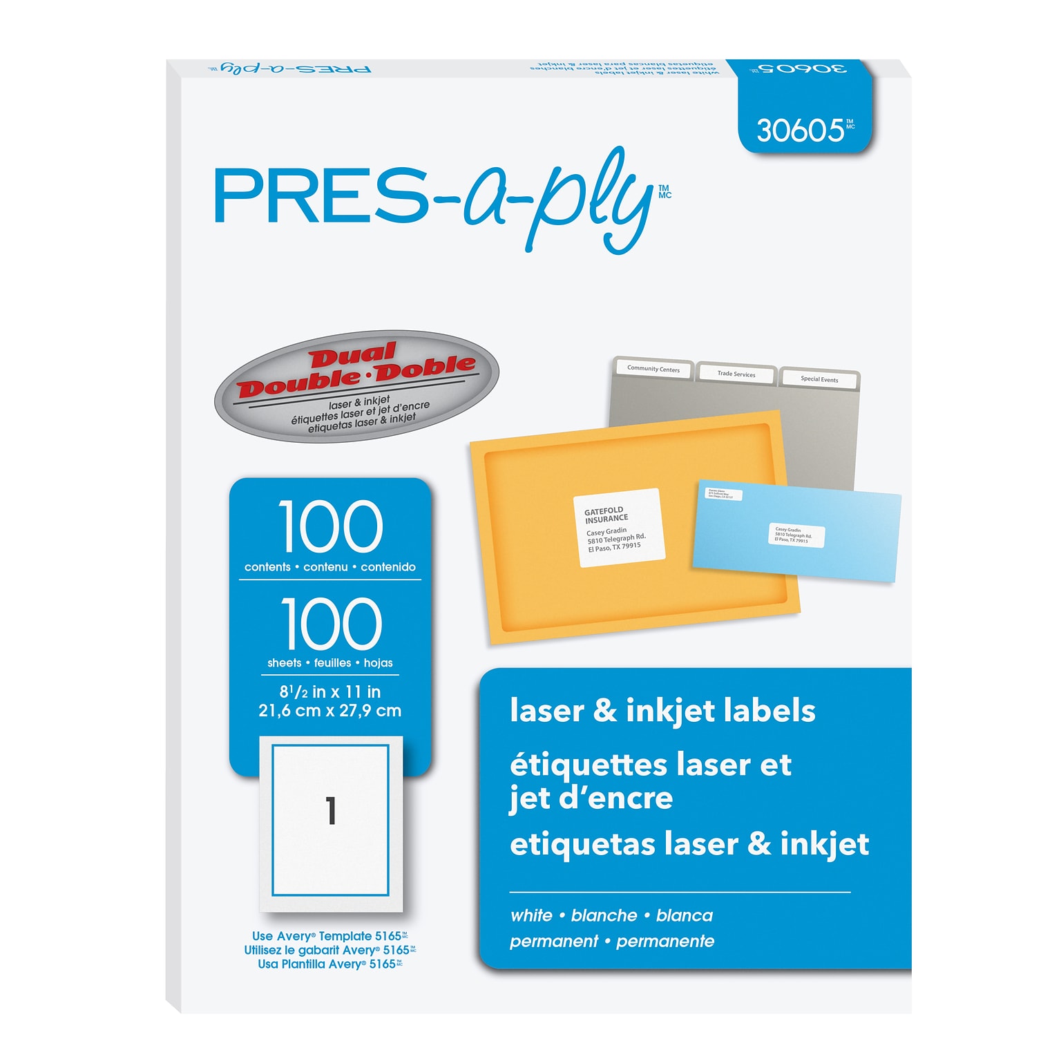 PRES-a-ply Laser/Inkjet Shipping Labels, 8-1/2 x 11, White, 1 Label/Sheet, 100 Sheets/Box (30605)