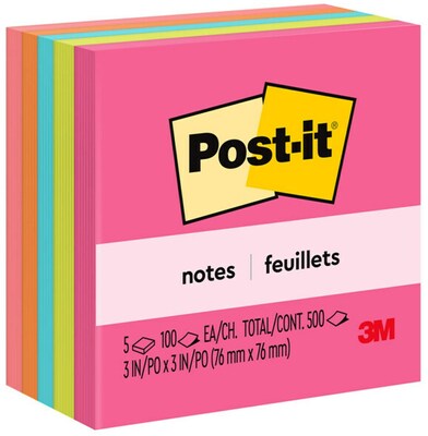 Post-it Sticky Notes, 3 x 3 in., 5 Pads, 100 Sheets/Pad, The Original Post-it Note, Poptimistic Collection